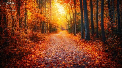 Fototapeta premium A vibrant autumn forest path winding through a dense woodland, with a thick carpet of fallen leaves in vivid shades of orange, red, and yellow. Tall trees line the path, their branches forming 