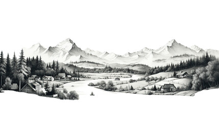 Black and white sketch of rural farm landscape