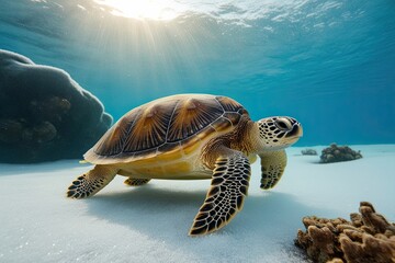 Exotic Sea Turtle Isolated on Frosty Background in an Underwater Wildlife Scene