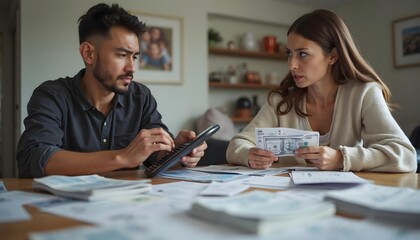 Fototapeta premium Disagreement Over Bills Couple Arguing at the Dining Table Over Finances