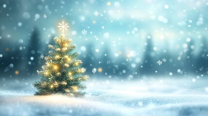 Abstract winter background featuring a blurred Christmas tree in a snowy landscape with a snowflake as a symbol of Christmas 