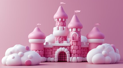 Pink fairytale castle with fluffy clouds on a pastel background.