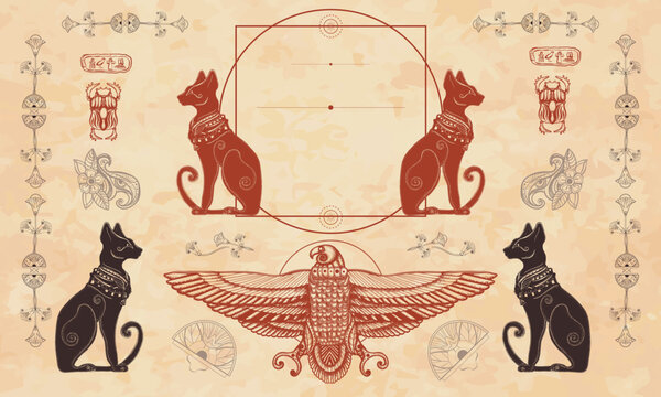 Ancient Egypt background. Black cats and sacred eagle. Egyptian frame template. Travel and History art. Old paper vector. Cover page template. Medieval manuscripts