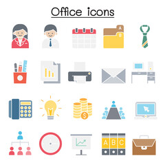 Office icons set in flat color style