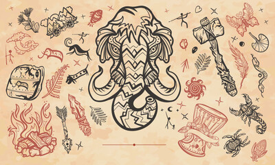 Stone age. Mammoth, stone ax, rock art. Palentology and archelogyl art. Old paper vector. Cover page template. Art background. Medieval manuscript style