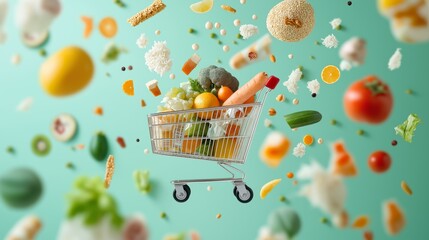 Shopping cart overflowing with fresh produce on a floating background.