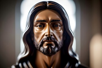 a close-up image of a jesus cement, ceramic, statue,  sculpture, religious, figure, art, cross, halo, detailed, texture, stone, carving, face, expression, craftsmanship, holy, sacred, hands, robe