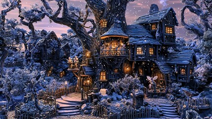Fototapeta premium A painting of a house in a snowy forest with ample snow on the ground