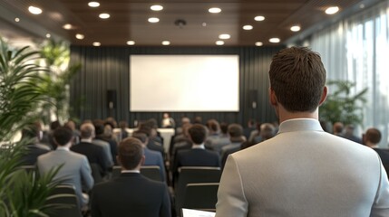 A modern conference room with a professional audience, focused on a business presentation, viewed from the back