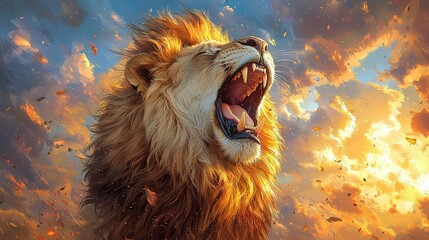 Naklejka premium A painting of a lion with its mouth open, depicted with realistic texture and lighting The lion's mouth is portrayed as if in a yawn or roar, capturing the animal
