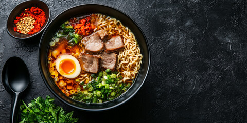 Ramen bowl with broth, noodles, meat, and vegetables next to a spoon