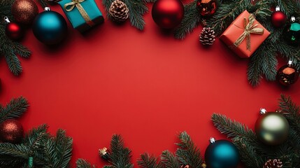 colorful ornaments gift boxes and fir branches on red background 