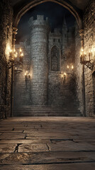 Obraz premium A Mystical Pathway: Glowing Candles Illuminate the Stone Archway Leading to a Majestic Medieval Castle.