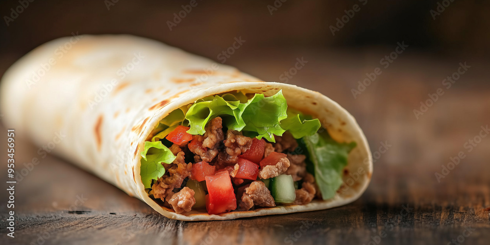 Wall mural single soft taco with seasoned meat, lettuce, and diced tomatoes, wrapped on a table