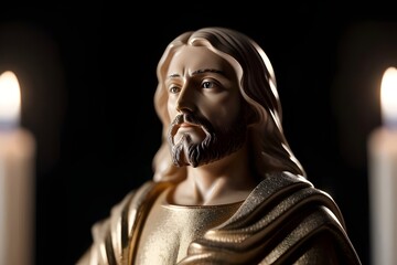 a close-up image of a jesus cement, ceramic, statue,  sculpture, religious, figure, art, cross, halo, detailed, texture, stone, carving, face, expression, craftsmanship, holy, sacred, hands, robe