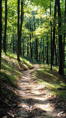 Fototapeta premium A Winding Path Through Sun-Dappled Forest, Where Light Plays On The Ground, Inviting You To Explore.