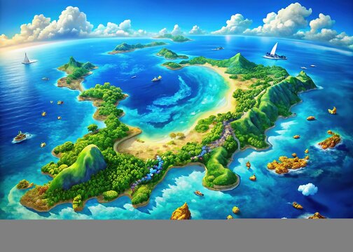 Vibrant illustration of Japan's Okinawa Islands, highlighting bright blue waters, coral reefs, and lush green landscapes within a stylized map of the Japanese archipelago.