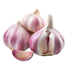 Obraz premium Garlic cloves and bulbs on a transparent background showcase their vibrant purple and PNG hues, garlic on transparent background