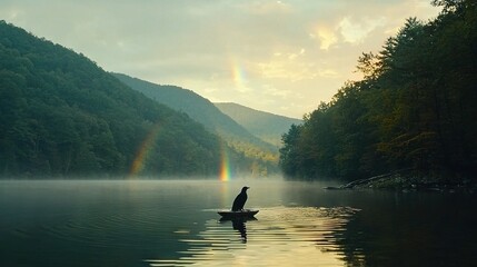   A person in a boat on a lake with a rainbow in the sky and a mountain range in the background is a picturesque scene It invokes feelings of serenity, peace,