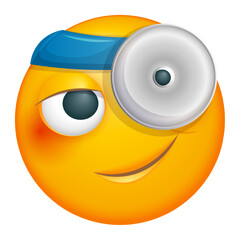 Otolaryngologist doctor emoji on white background. Emoticon with frontal reflector. Cute emoticon