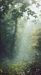 Sunbeams Dance Through Dew-Kissed Leaves in a Misty Forest