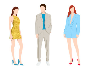 1511_Vector fashion illustration of two beautiful women and handsome man wearing various fashionable clothes