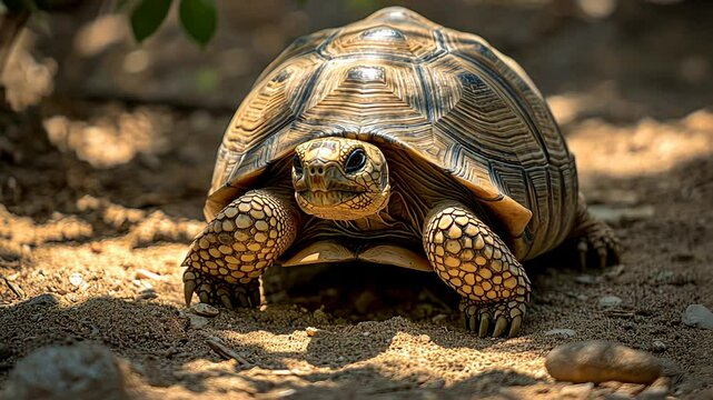 Footage A close-up of a tortoise on sandy ground, showcasing its textured shell and surroundings.