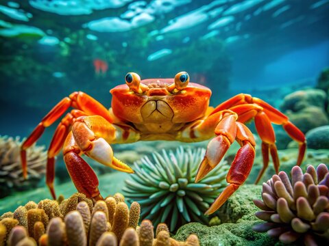 Vibrant orange crabfish peek out from beneath coral reef, their delicate legs and claws swaying gently in the current of a crystal-clear turquoise ocean.