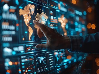 Businessperson Analyzing Digital Market Trends on Advanced Dashboard Interface