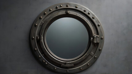 Small circular window with metal frame, porthole design, minimalist style, set on a plain gray background