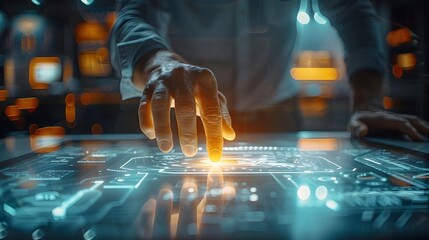 Futuristic Businessperson Working on High Tech Touch Screen Table in Cutting Edge Work Environment