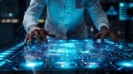 Futuristic Businessperson Interacting with High Tech Touch Screen Table in Modern Workspace
