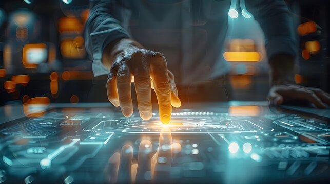 Futuristic Businessperson Working on High Tech Touch Screen Table in Cutting Edge Work Environment