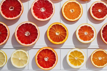 Vibrant Citrus Slices of Grapefruit Orange and Lemon Displayed on Transparent Surface