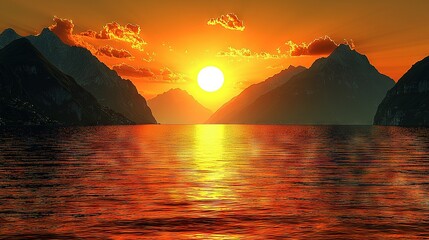 Naklejka premium A breathtaking image of a vast ocean with majestic mountains in the backdrop and an awe-inspiring sunset as its focal point