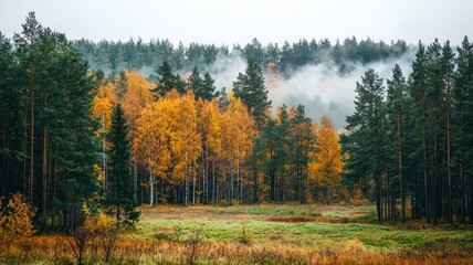 A serene autumn landscape featuring vibrant orange and yellow foliage amidst tall evergreen trees and soft morning mist.