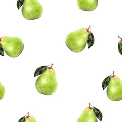 A watercolor seamless pattern design featuring fresh, vibrant green pears is showcased here