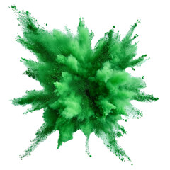 A dynamic burst of green powder erupts sharply against a clean PNG backdrop, showcasing energy and movement, green color explosion on transparent background