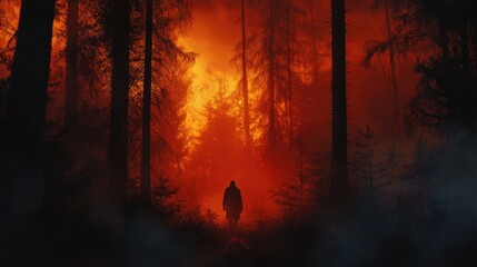 A shadowy figure walks through a misty forest, lit by an eerie red and orange glow in the distance