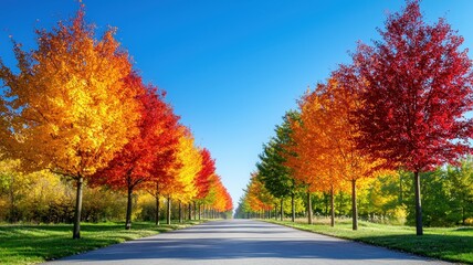 Naklejka premium Vibrant autumn trees line a peaceful pathway under a clear blue sky, showcasing a stunning display of fall colors.