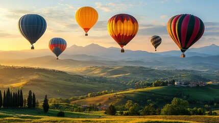 Naklejka premium A group of hot air balloons soaring above a verdant valley dotted with trees and majestic mountains