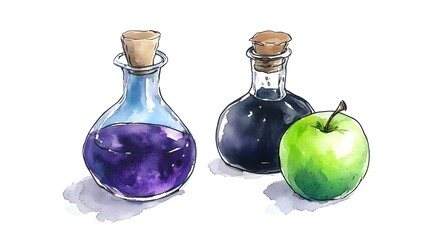 Watercolor Gothic Apothecary Bottles with Purple Potion, Green Apple, and Old Books in Acrylic Painting Style on White Background, High-Resolution Clipart for Halloween and Mystical Themes
