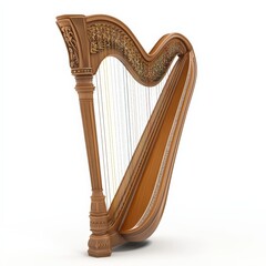 Ornate Wooden Harp on White Background.
