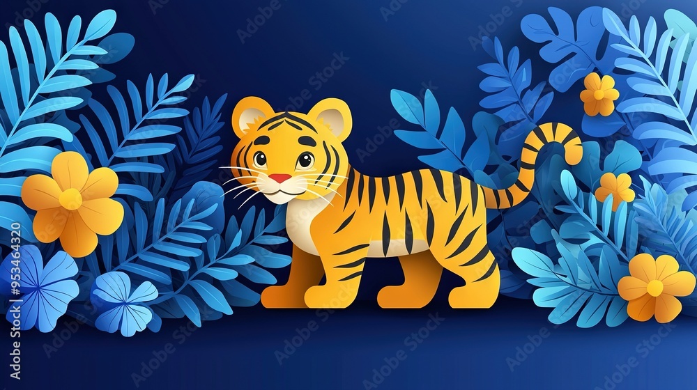 Canvas Prints   A tiger stands amidst a vibrant jungle featuring blue and yellow flowers and foliage against a deep blue backdrop