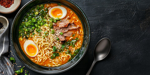 Ramen bowl with broth, noodles, meat, and vegetables next to a spoon