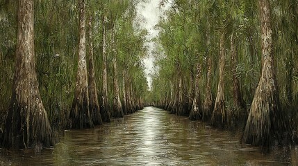 Obraz premium A stunning river painting with trees flanking its banks and a boat floating serenely through the center