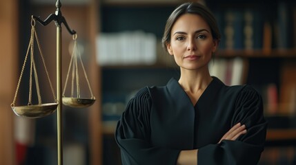 Confident female judge holding scales of justice