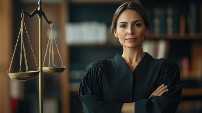 Confident female judge holding scales of justice