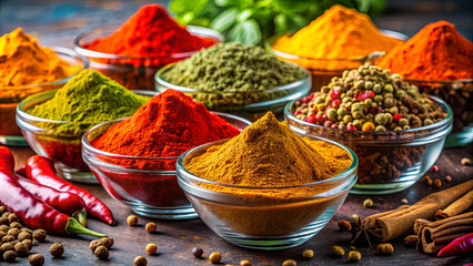 Fototapeta premium Various spices are artistically arranged in glass bowls on a rustic wooden table. Each bowl showcases vivid colors, creating an inviting atmosphere perfect for culinary inspiration