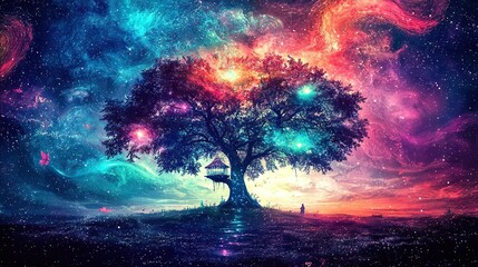 Fototapeta premium A person stands beneath a solitary tree amidst a vast star-filled sky